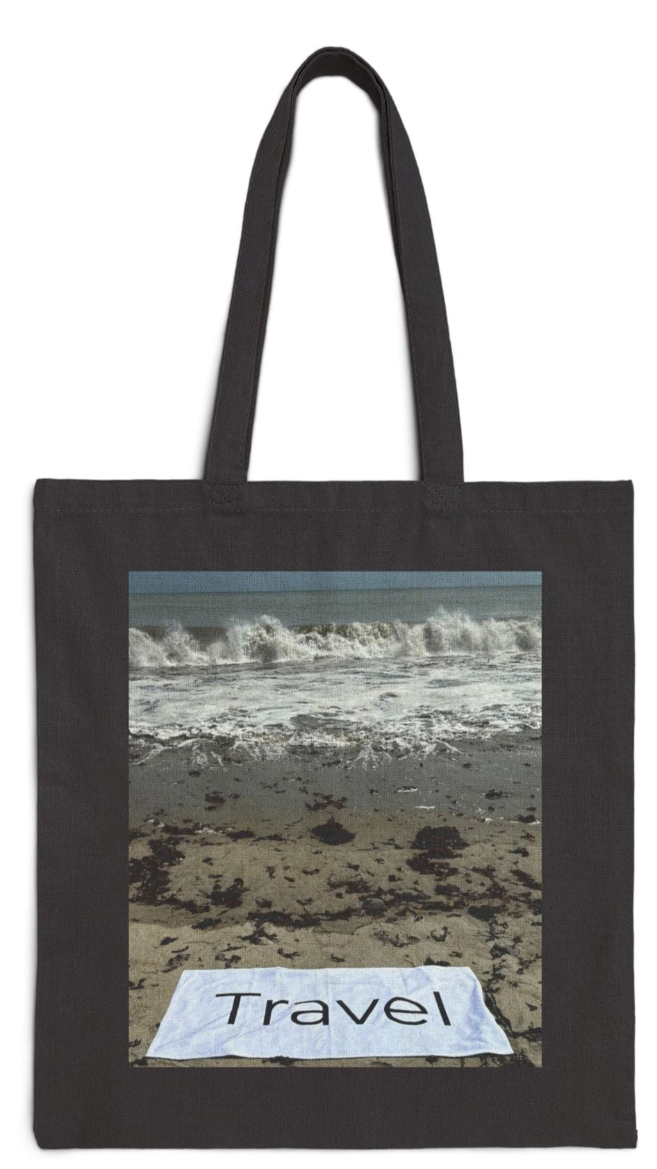 Travel Tote Bag Black 15” x 16” Cotton Canvas Print on One Side. “Wild Waves Travel Bag”
