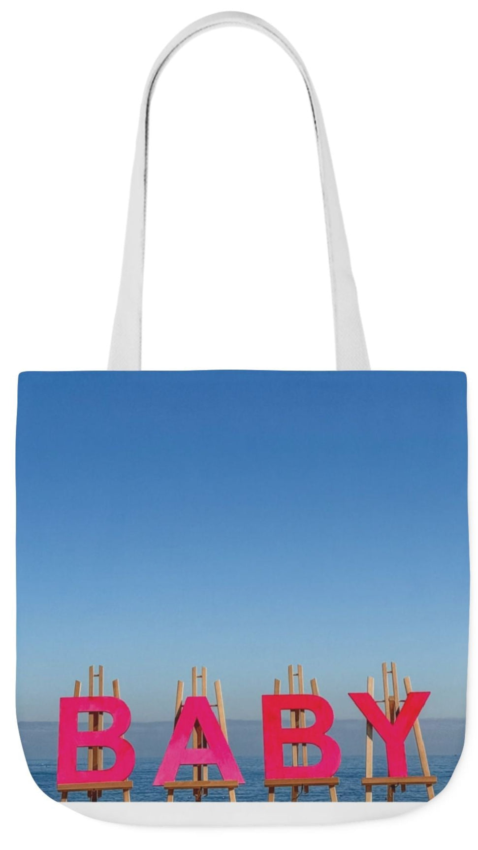 Baby Tote Bag (Pink) 18”x 18” same all over print on each side with pink or white handle options. “Shoreline Baby Tote Bag”.