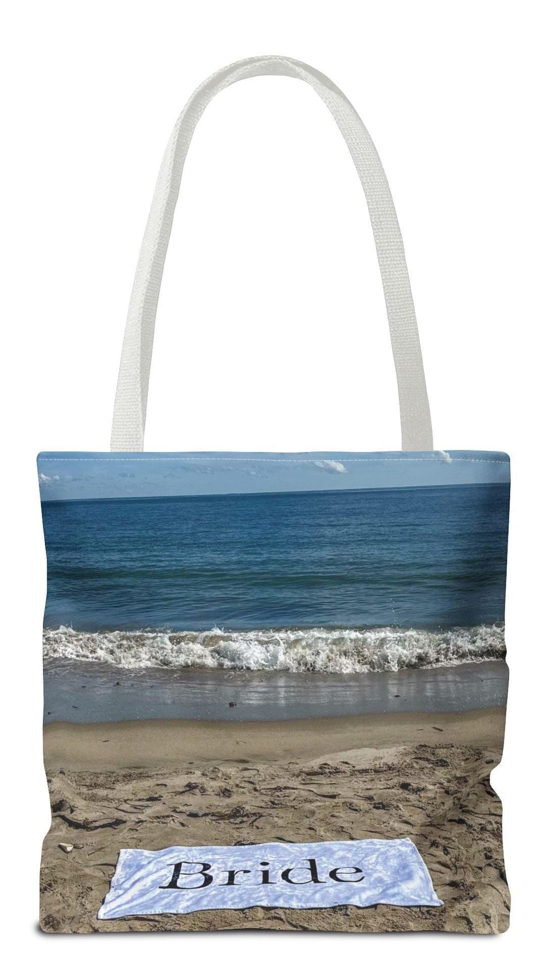 Bride Tote Bag 16" x 16" Same Print on Both Sides with White Handles. "Bride Beach Sand Bride Bag" (Personalize it)