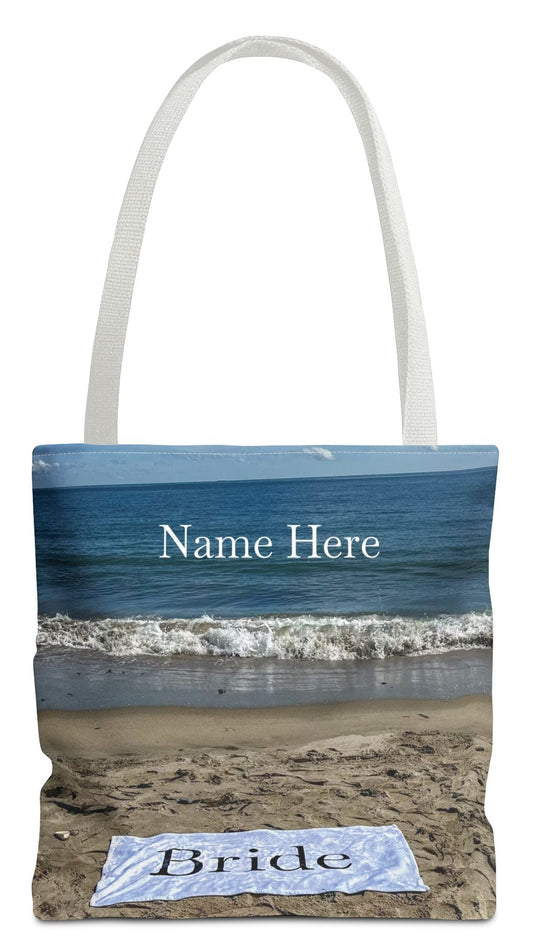 Bride Tote Bag 13" x 13" Same Print on Both Sides with White Handles. "Bride Beach Sand Bride Bag" (Personalize it)