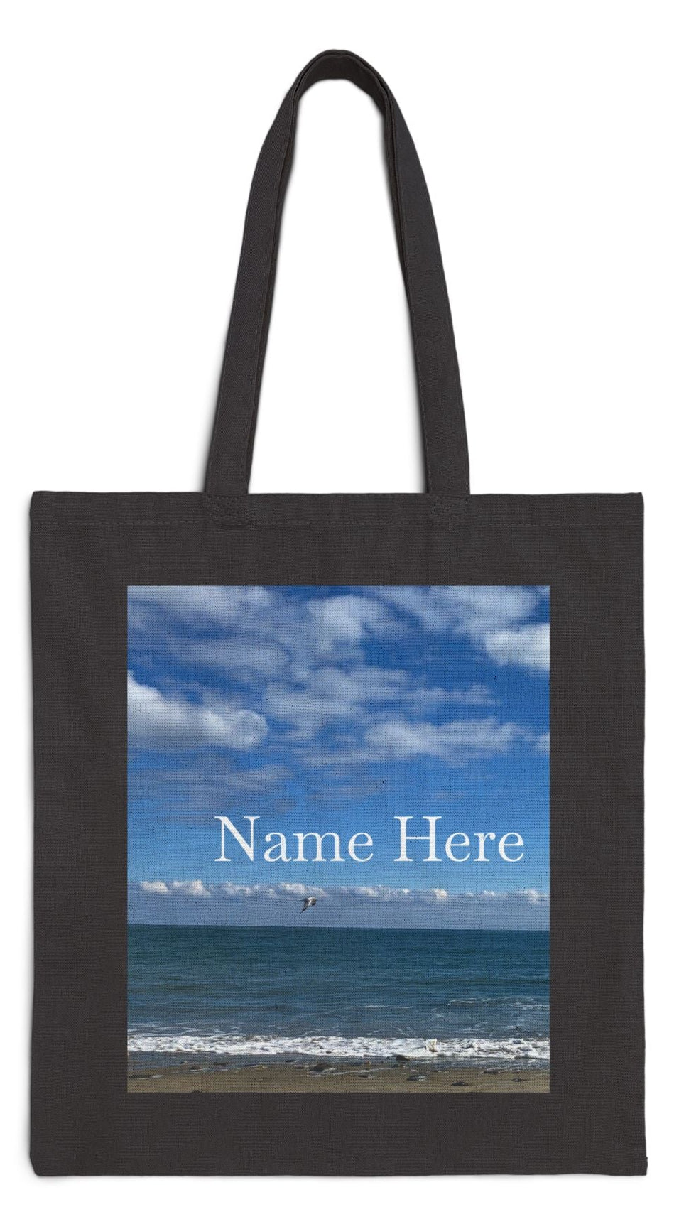 Beach Tote Bag Black 15" x 16" Cotton Canvas Print on One Side. "Shore Bird"(Personalize it)