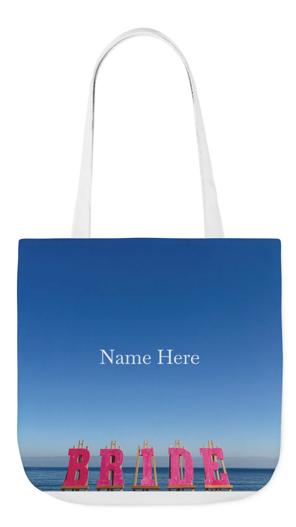 Bride Tote Bag 18" x 18" with allover same print on each side. Pink or white handle choice. "Seaside Bride Bag"(Personalize it)