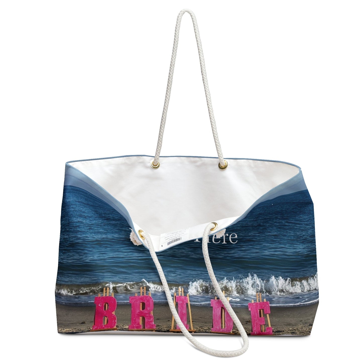 Bride Weekender Bag with same allover print on each side and rope handles. "24 x 13". "Beach Bride Weekender Bag" (Personalize it)