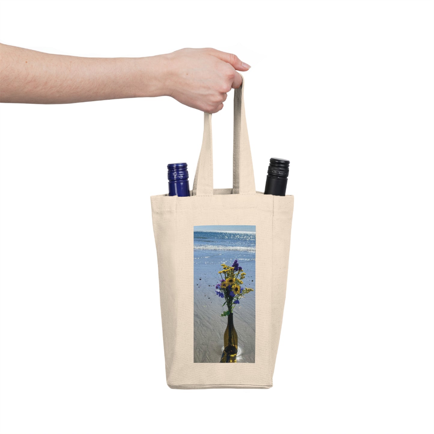Wine Tote Bag Double (Two Bottles) with Print on One Side. “Beachy Flowers in a Bottle”