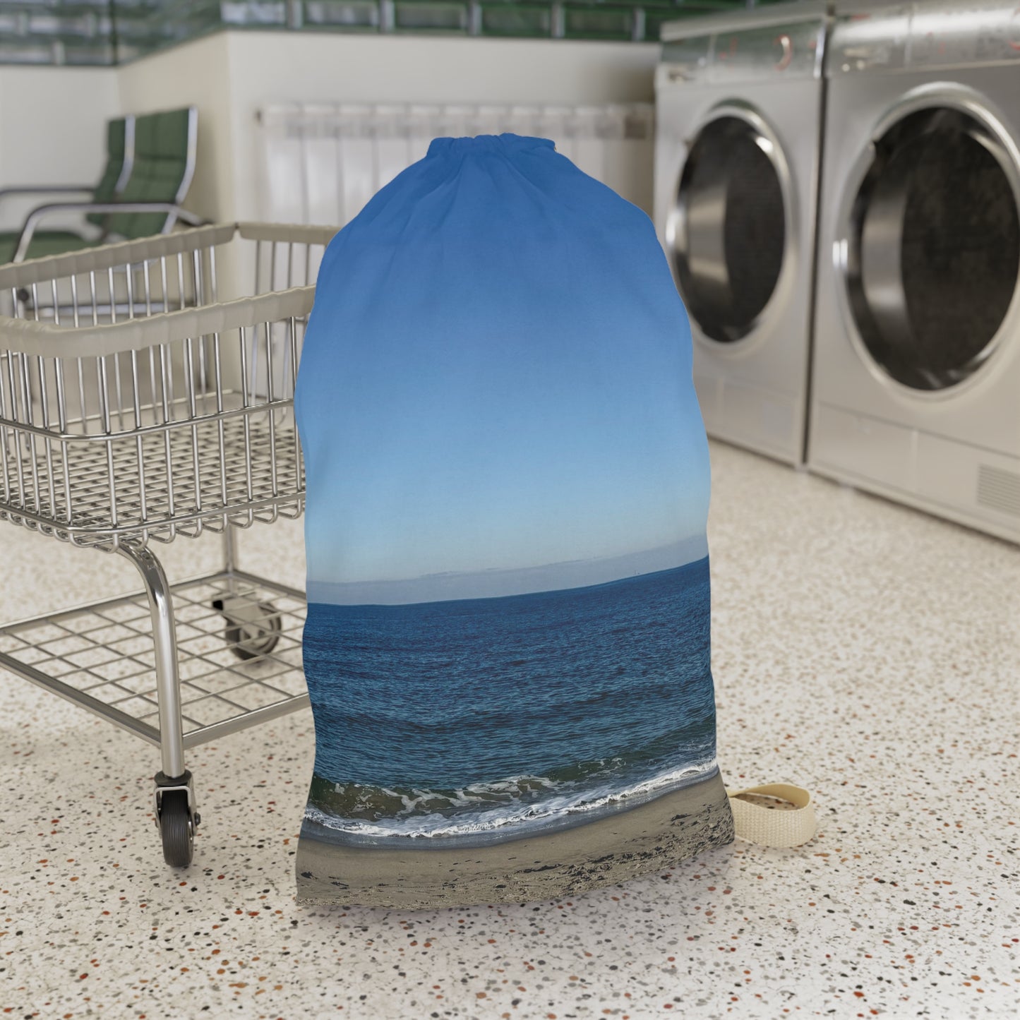 Laundry Bag with a Shoulder Strap and Drawstring 28” x 36” “Laundry Day at the Beach”