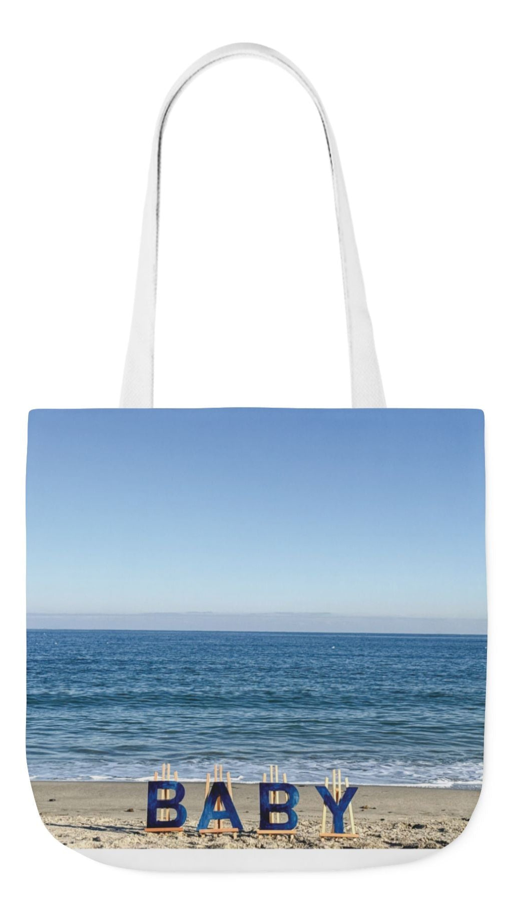 Baby Tote Bag (Blue) 18” x 18”with the same all over print on each side. Blue or White handles. "Beach Baby Tote Bag".