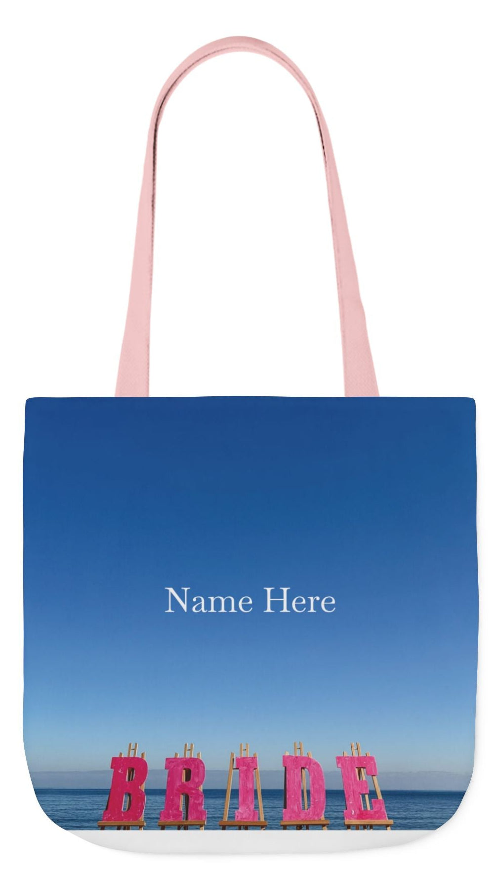 Bride Tote Bag 18" x 18" with allover same print on each side. Pink or white handle choice. "Seaside Bride Bag"(Personalize it)