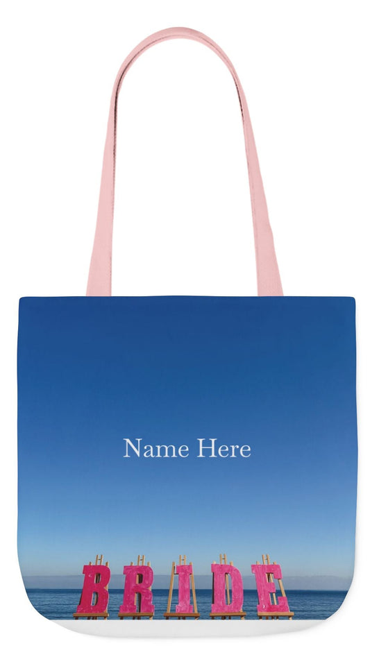 Bride Tote Bag 18" x 18" with allover same print on each side. Pink or white handle choice. "Seaside Bride Bag"(Personalize it)