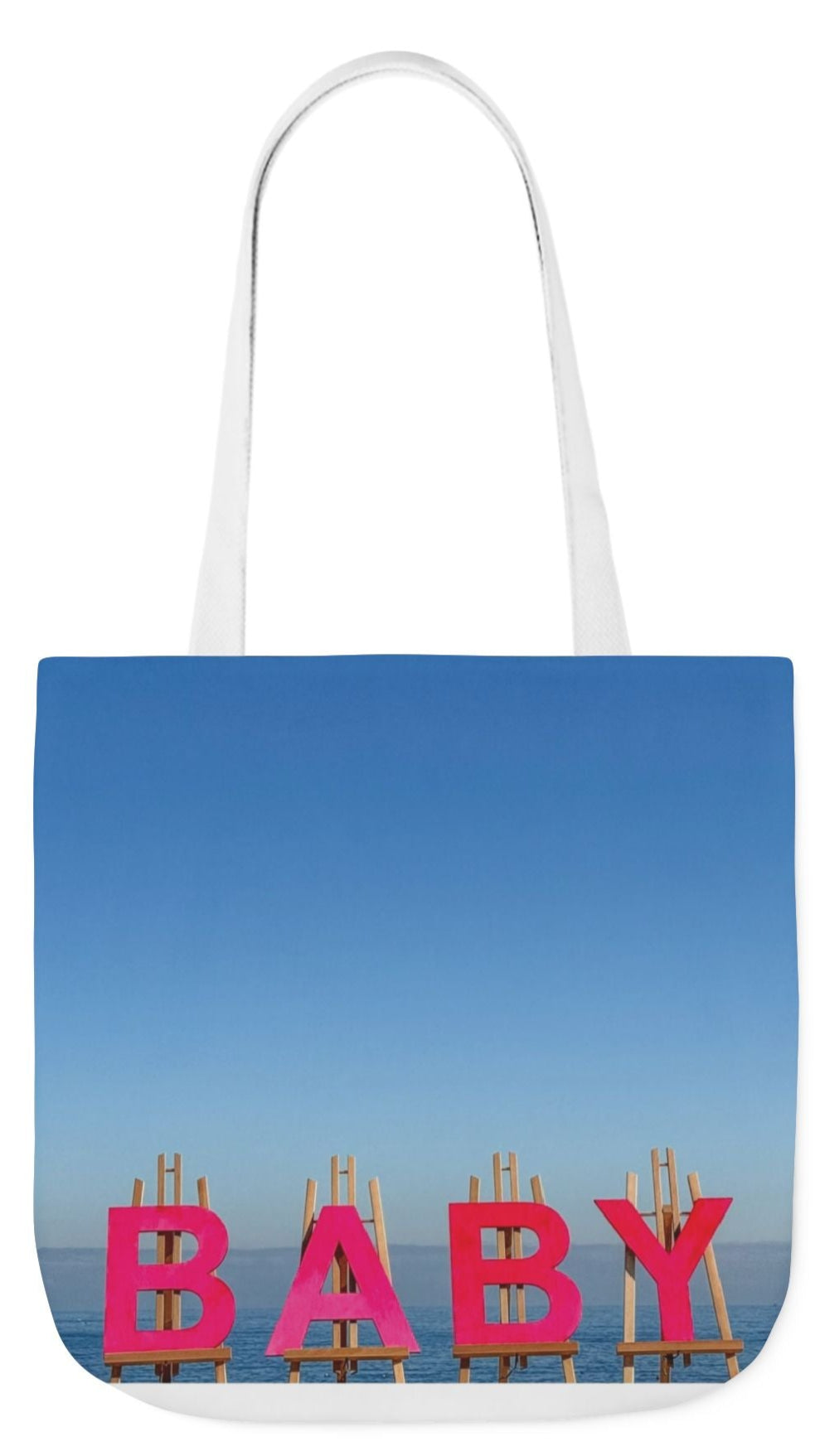 Baby Tote Bag (Pink) 18”x 18” same all over print on each side with pink or white handle options. “Shoreline Baby Tote Bag”.