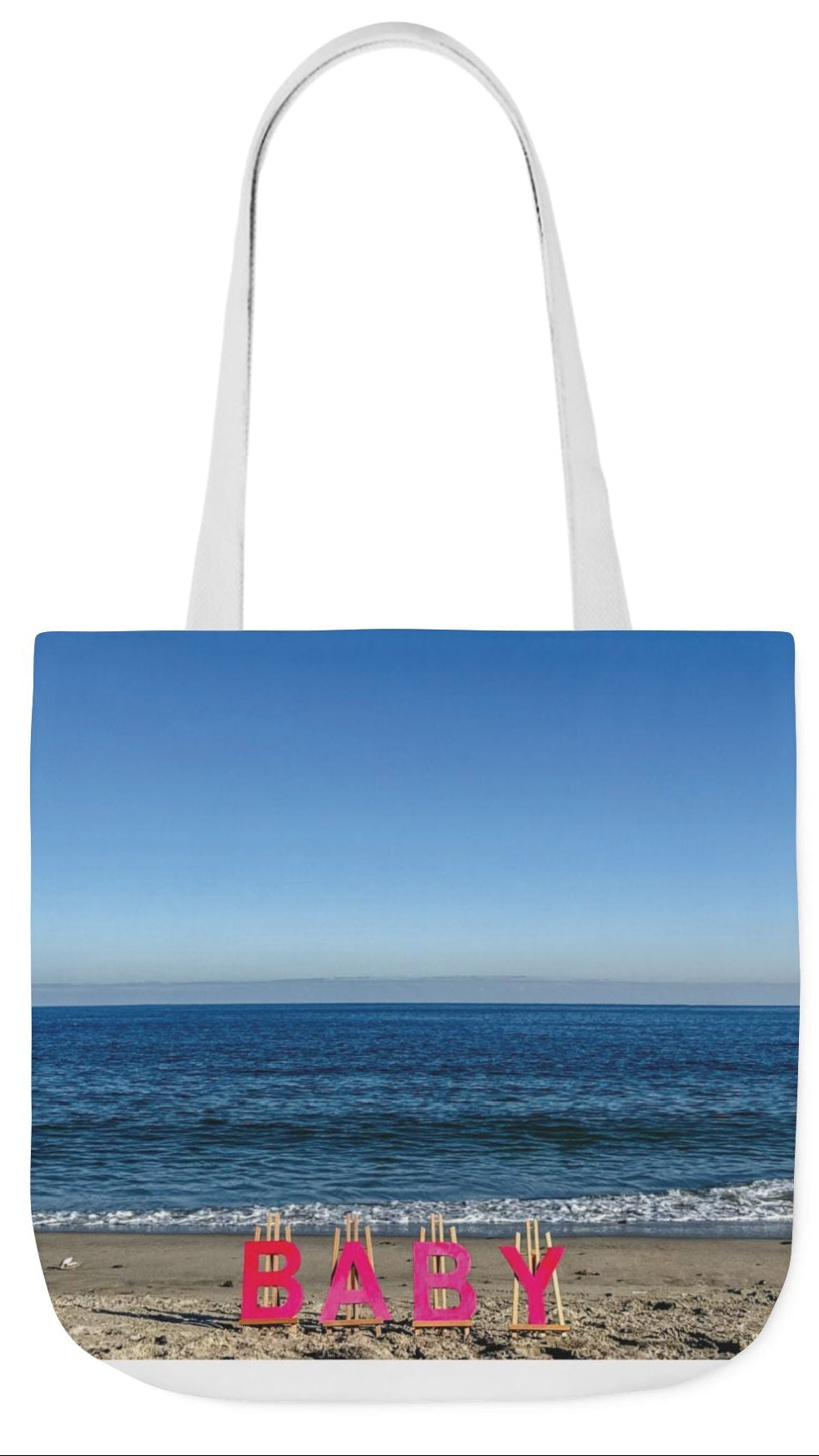 Baby Tote Bag (Pink) 18”x 18” same all over print on each side with pink or white handle options. “Beach Baby Tote Bag”. (Personalize it)