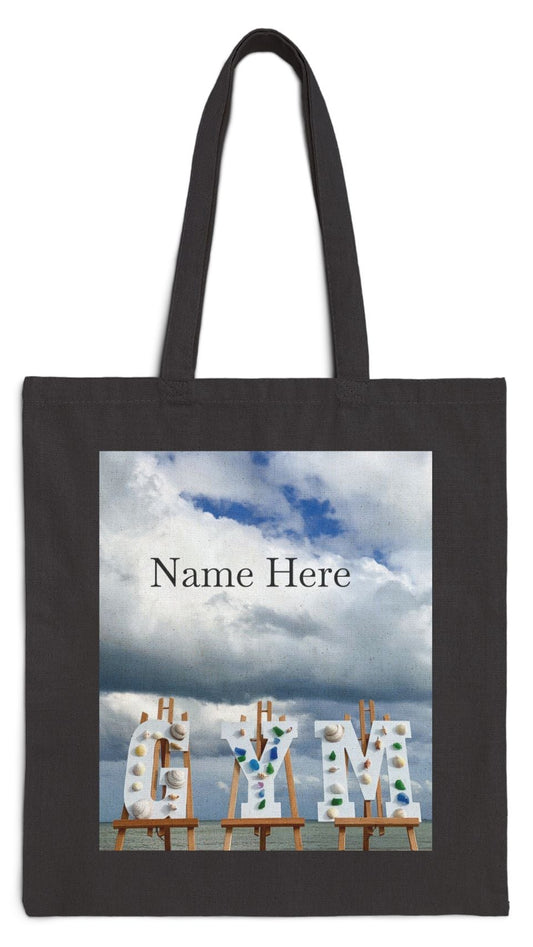 Gym Tote Bag Black 15” x 16” Cotton Canvas Print on One Side. "Shoreline Gym Bag"(Personalize it)