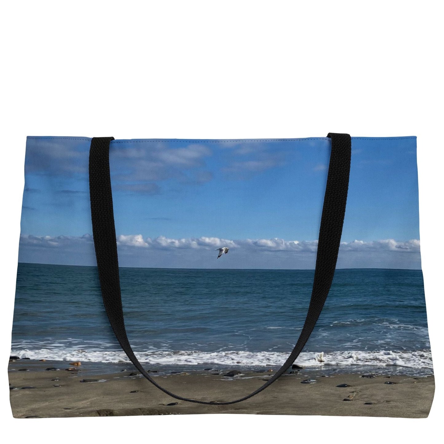 Beach Weekender Tote Bag 24" x 13" with Different Print on Each Side. "Shore Bird & Big Waves"
