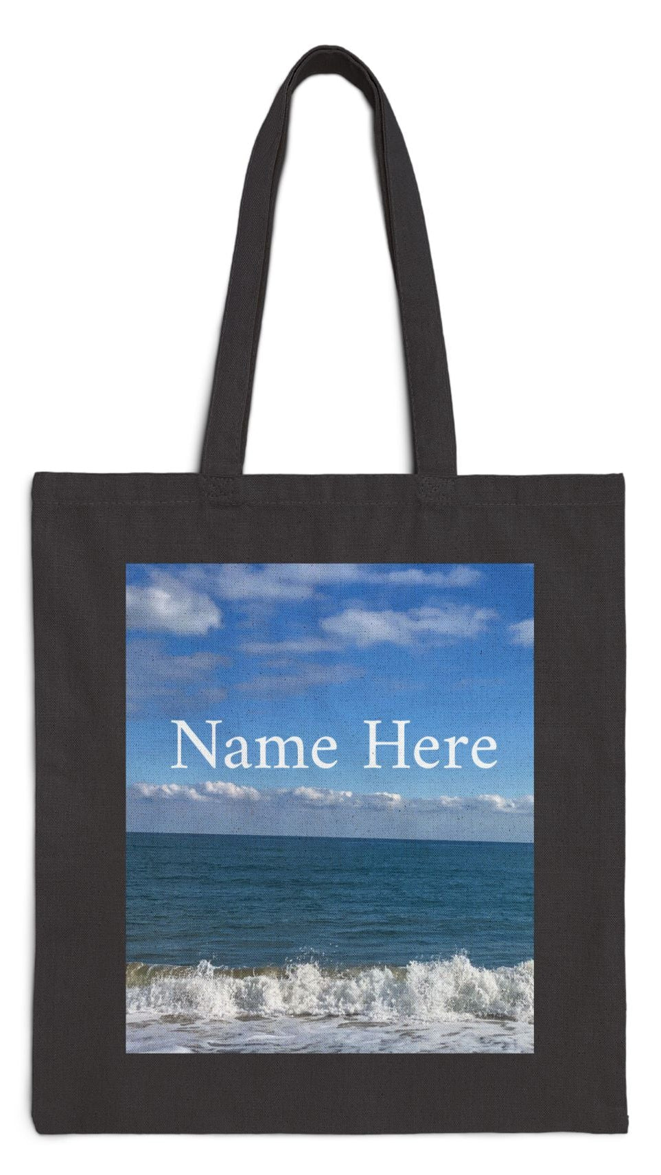 Beach Tote Bag Black 15" x 16" Cotton Canvas Print on One Side. "Big Waves" (Personalize it)