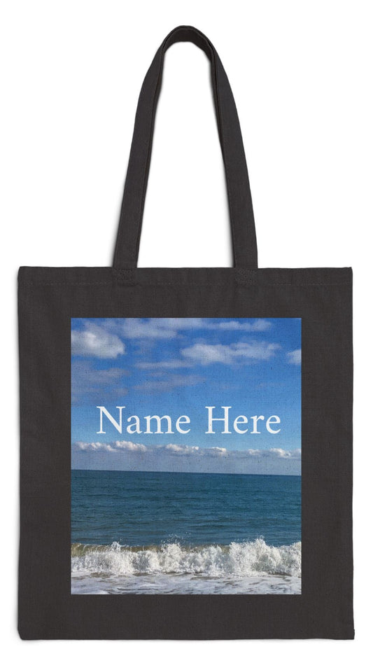 Beach Tote Bag Black 15" x 16" Cotton Canvas Print on One Side. "Big Waves" (Personalize it)