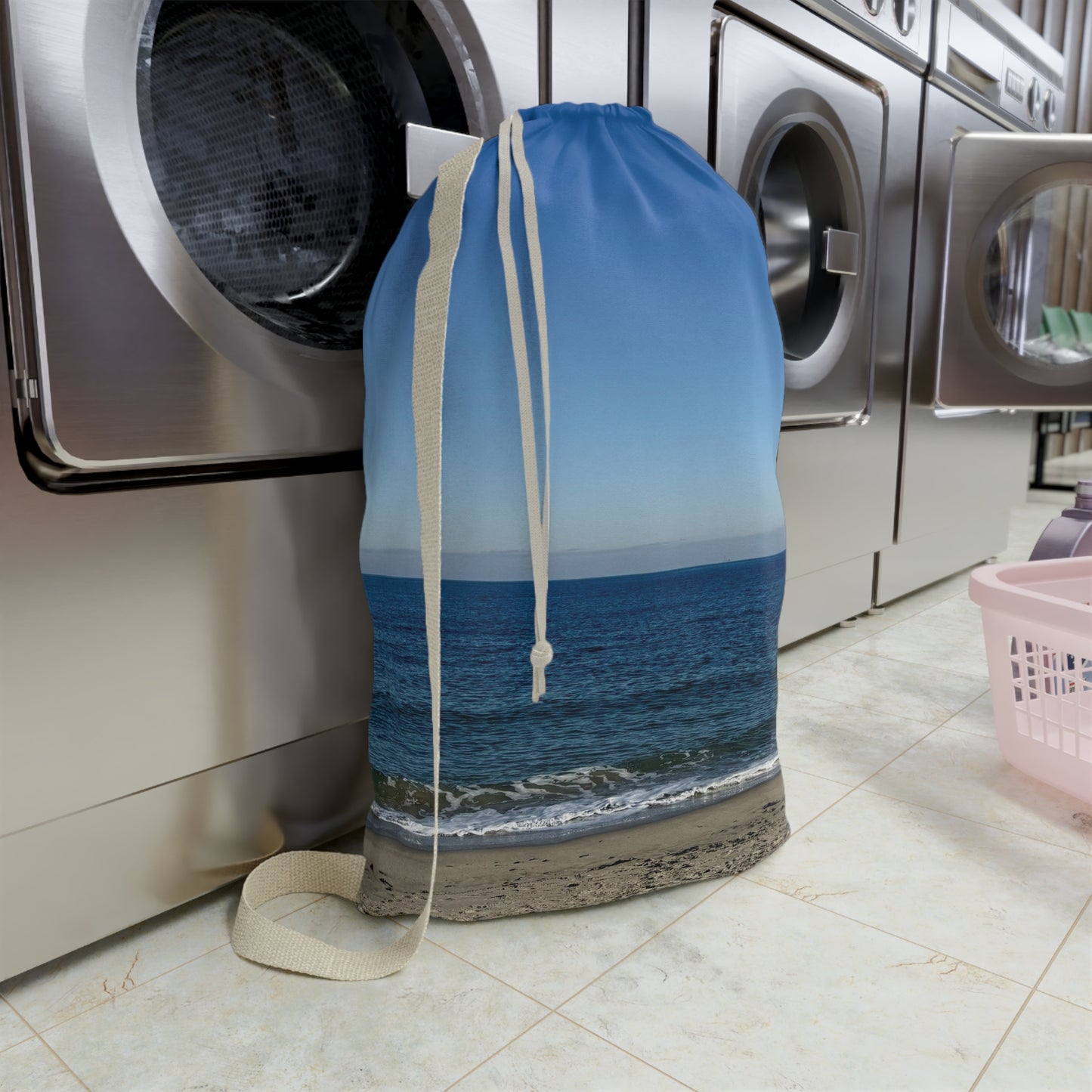 Laundry Bag with a Shoulder Strap and Drawstring 28” x 36” “Laundry Day at the Beach”