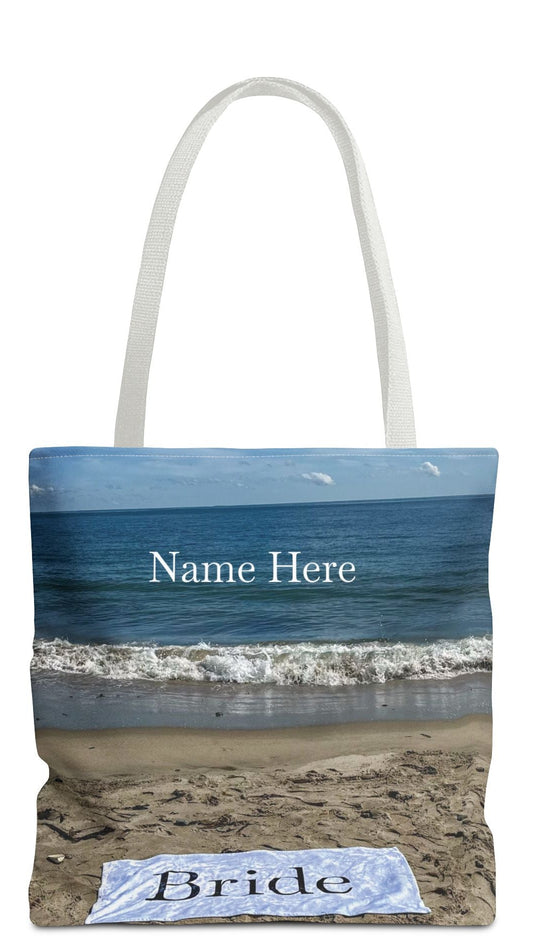 Bride Tote Bag 18" x 18" Same Print on Both Sides with White Handles. "Beach Sand Bride Bag" (Personalize it)