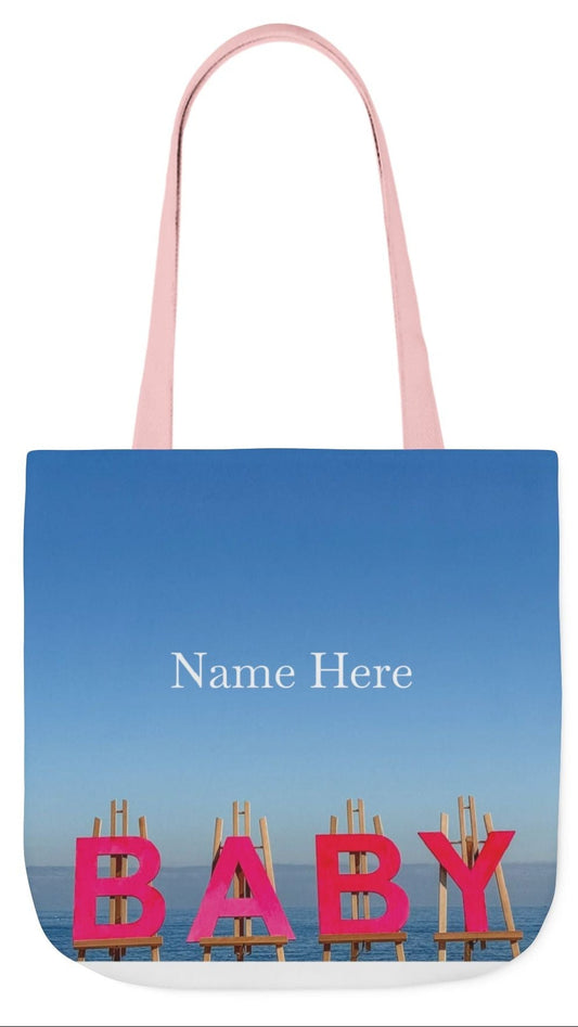 Baby Tote Bag (Pink) 18”x 18” same all over print on each side with pink or white handle options. “Shoreline Baby Tote Bag”.(Personalize it)
