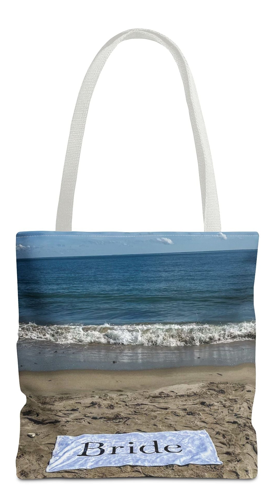 Bride Tote Bag 16" x 16" Same Print on Both Sides with White Handles. "Bride Beach Sand Bride Bag"