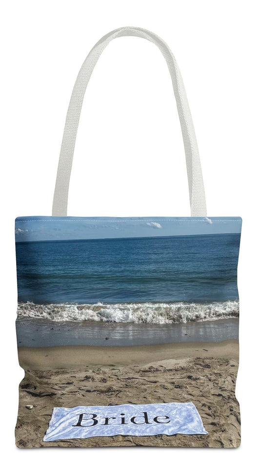 Bride Tote Bag 16" x 16" Same Print on Both Sides with White Handles. "Bride Beach Sand Bride Bag"