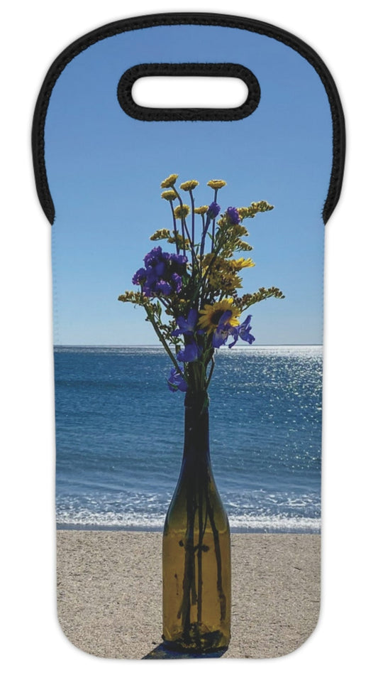 Wine Tote Bag for 1 Bottle with Same Print on Both Sides. “Shoreline Flowers in a Bottle”