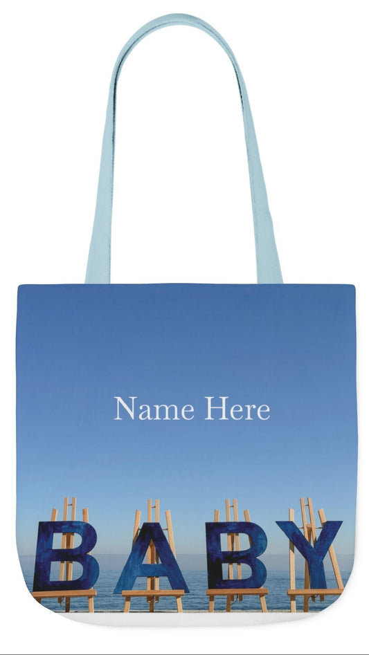 Baby Tote Bag (Blue) 18” x 18”with the same all over print on each side. Blue or white handles. "Shoreline Baby Tote Bag".(Personalize it)