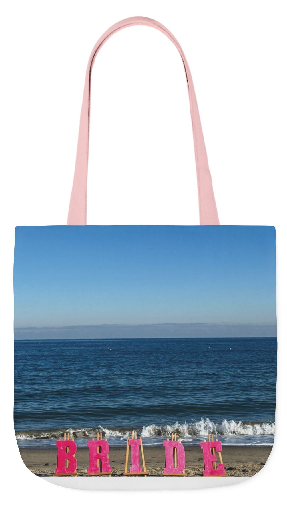 Bride Tote Bag 18" x 18" with allover same print on each side. Pink or white handle choice. "Beach Bride Bag"(Personalize it)