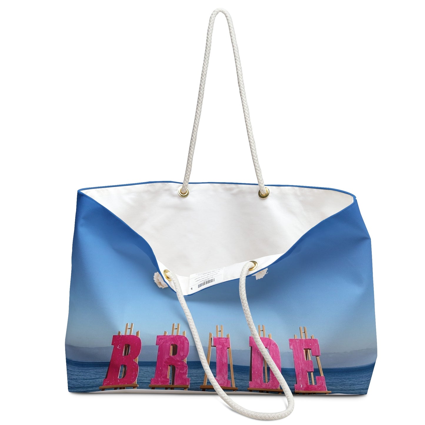 Bride Weekender Bag with same allover print on each side and rope handles. "24 x 13". "Seaside Bride Weekender Bag".(Personalize it)