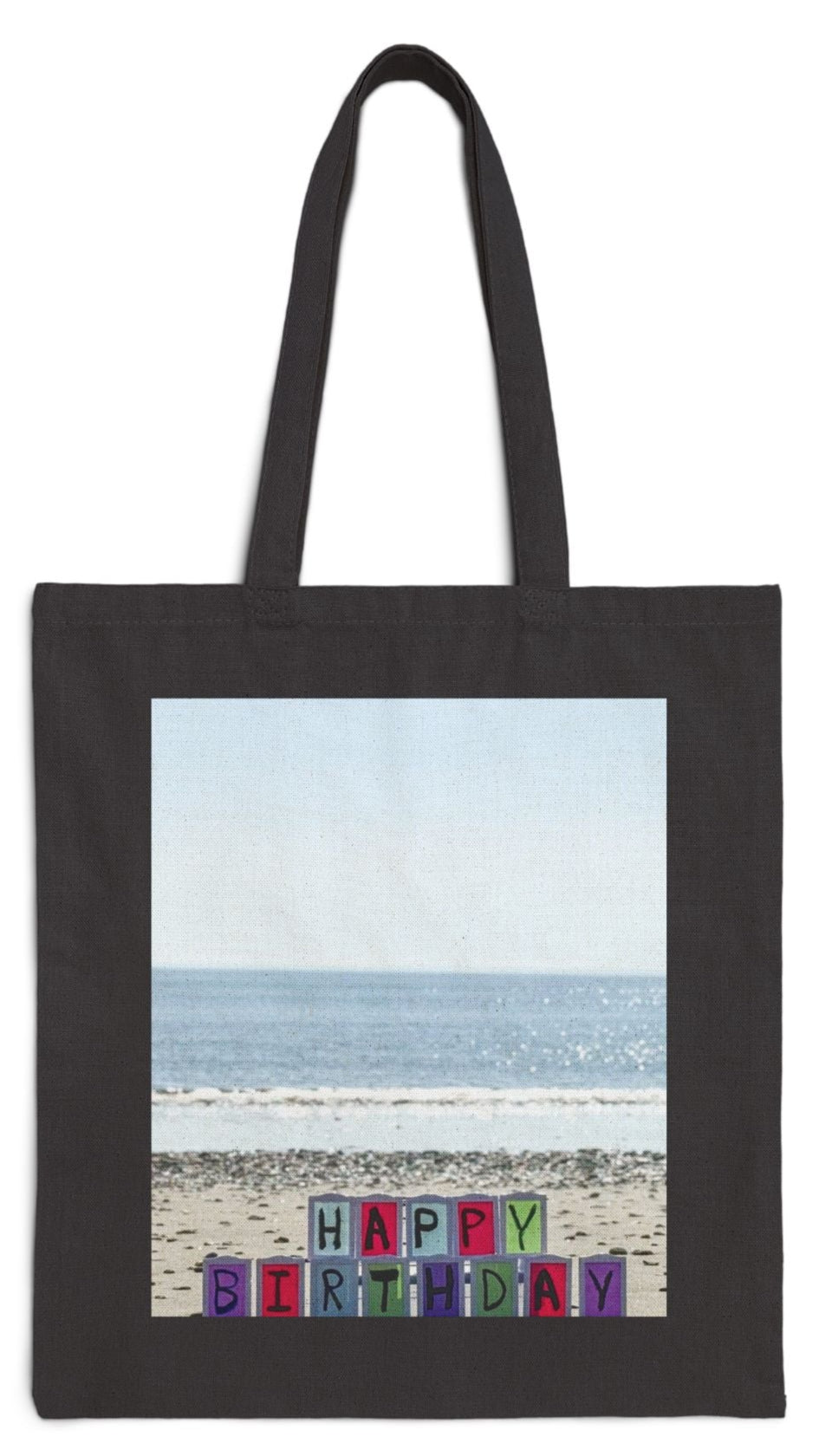 Birthday Tote Bag Black 15" x 16" Cotton Canvas Print on One Side. "Beachfront Birthday"