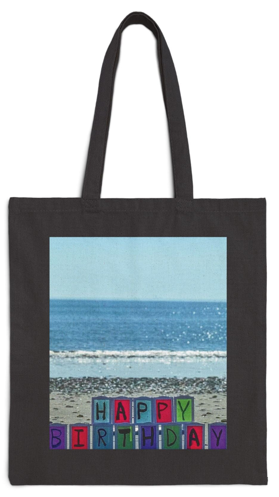 Birthday Tote Bag Black 15" x 16" Cotton Canvas Print on One Side. "Seaside Birthday"