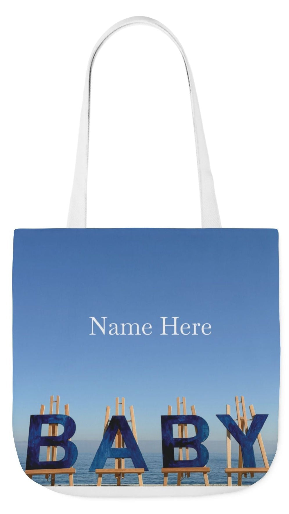 Baby Tote Bag (Blue) 18” x 18”with the same all over print on each side. Blue or white handles. "Shoreline Baby Tote Bag".(Personalize it)