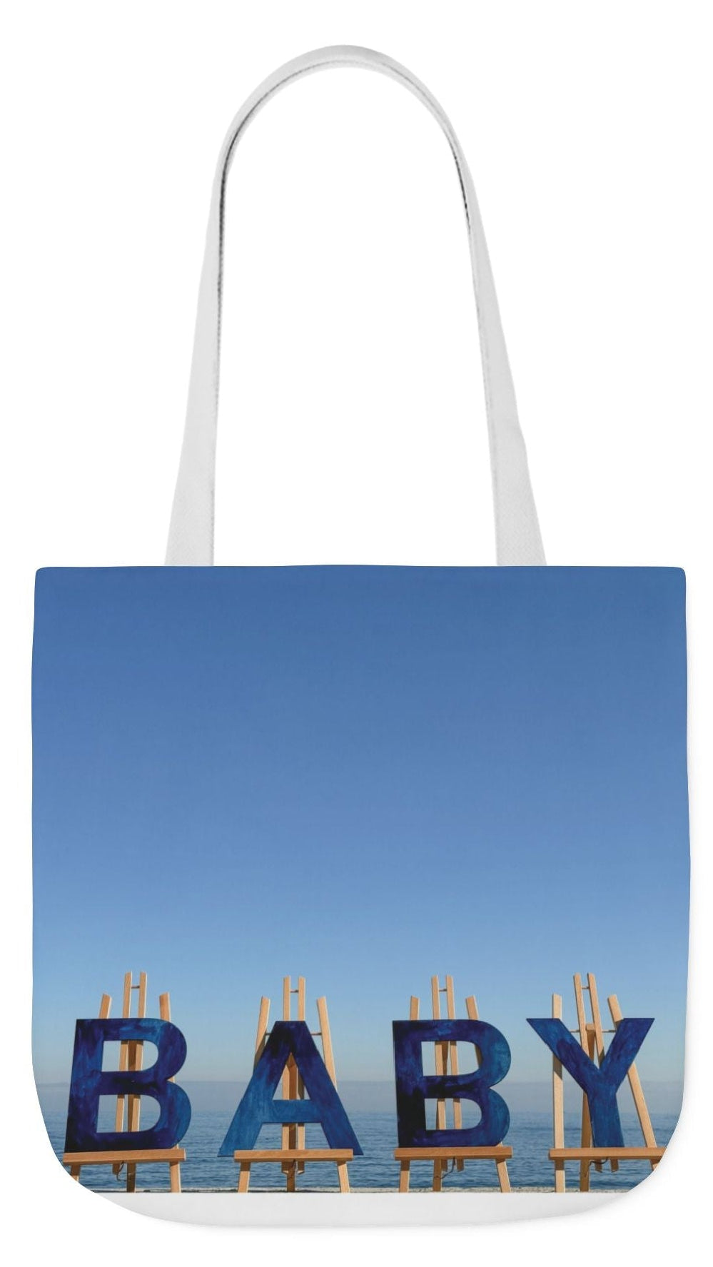 Baby Tote Bag (Blue) 18” x 18”with the same all over print on each side. Blue or white handles. "Shoreline Baby Tote Bag".(Personalize it)