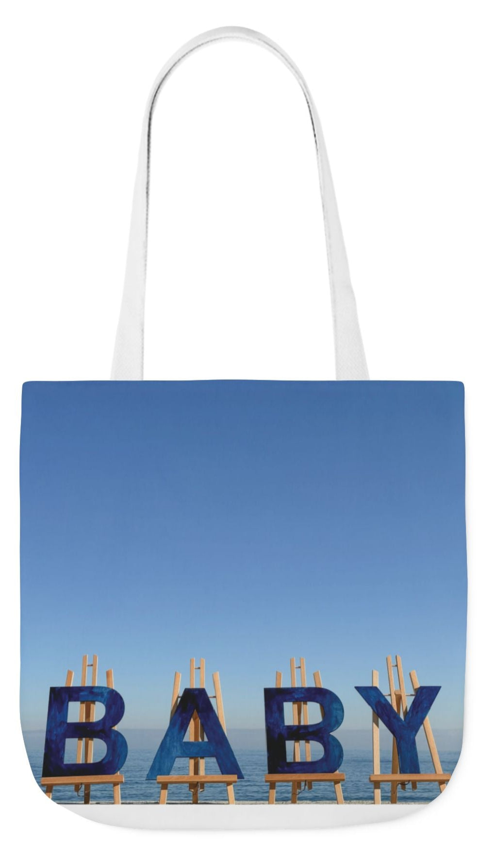 Baby Tote Bag (Blue) 18” x 18”with the same all over print on each side. Blue or white handles. "Shoreline Baby Tote Bag".