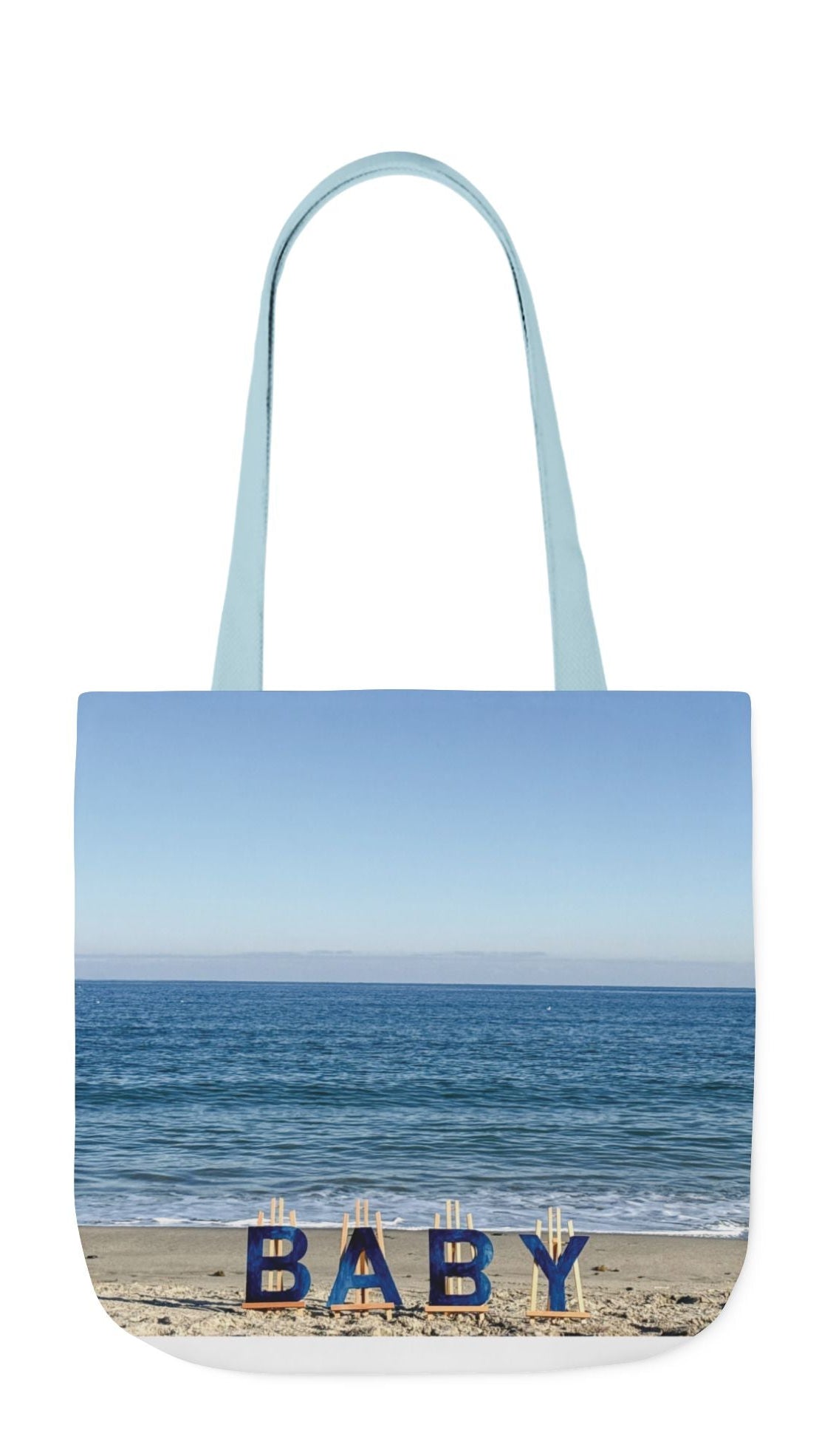 Baby Tote Bag (Blue) 18” x 18”with the same all over print on each side. Blue or White handles. "Beach Baby Tote Bag".(Personalize it)