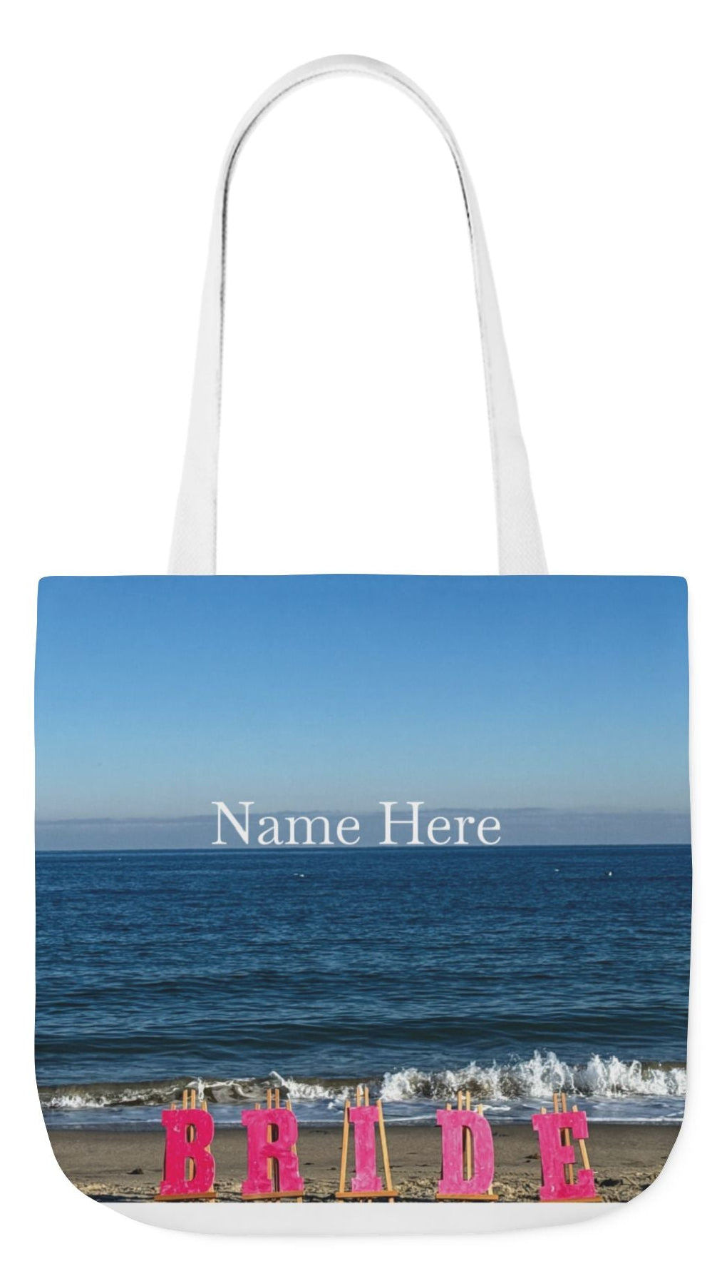 Bride Tote Bag 18" x 18" with allover same print on each side. Pink or white handle choice. "Beach Bride Bag"(Personalize it)