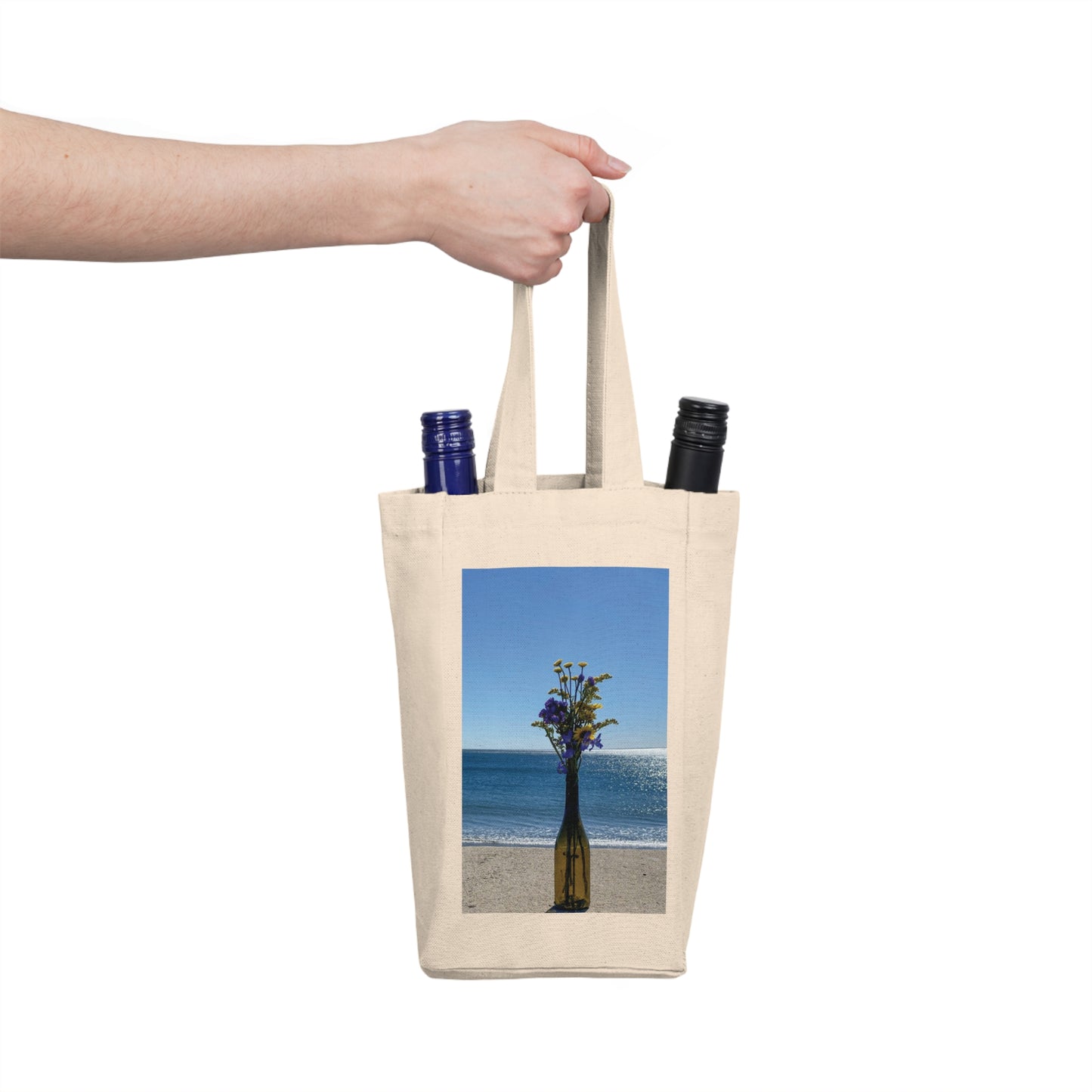 Wine Tote Bag Double (Two Bottles) Print on One Side. “Shoreline Flowers in a Bottle”