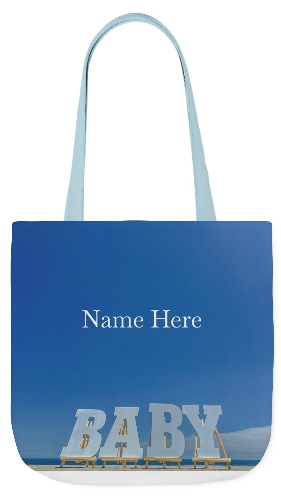 Baby Tote Bag 18”x 18” same all over print on each side with white, blue or pink handle options. “Baby Bag Bright Sky”.(Personalize it)