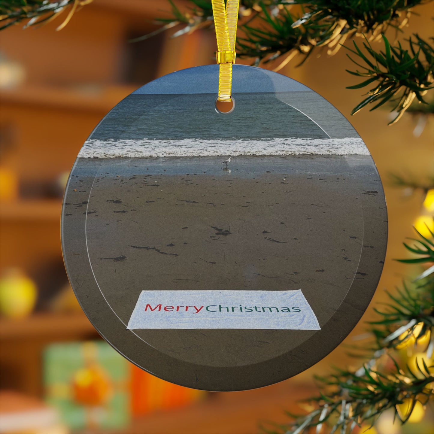 Christmas Glass Ornament "Merry Christmas with Seagull"