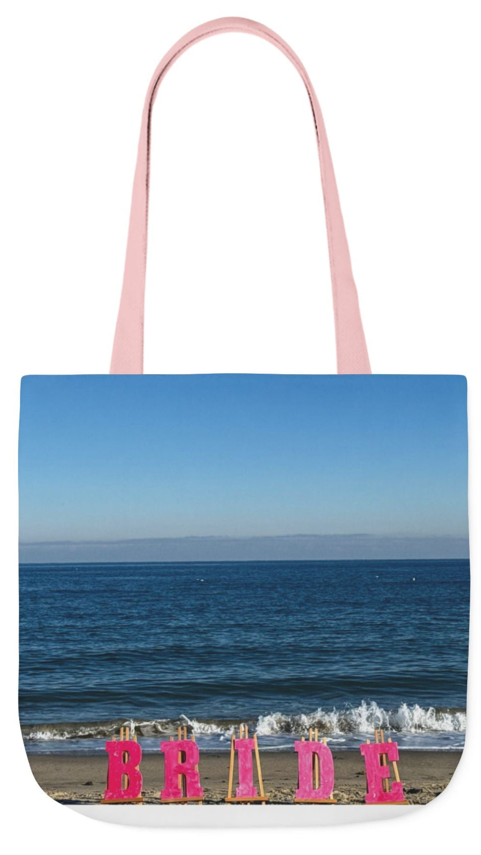 Bride Tote Bag 18" x 18" with allover same print on each side. Pink or white handle choice. "Beach Bride Bag"