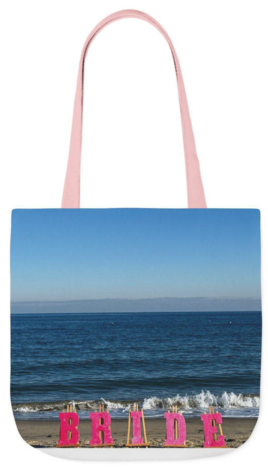 Bride Tote Bag 18" x 18" with allover same print on each side. Pink or white handle choice. "Beach Bride Bag"