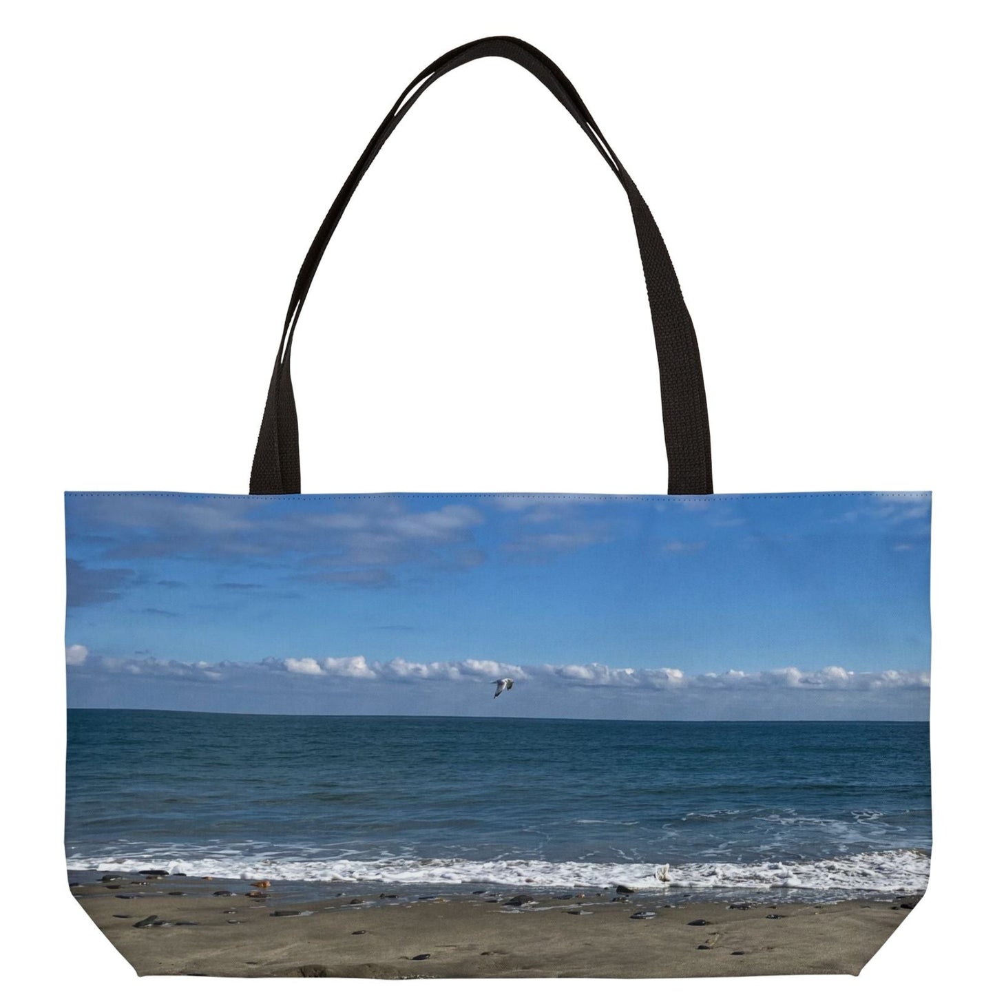 Beach Weekender Tote Bag 24" x 13" Different Print on Each Side. "Shore Bird & Big Waves"
