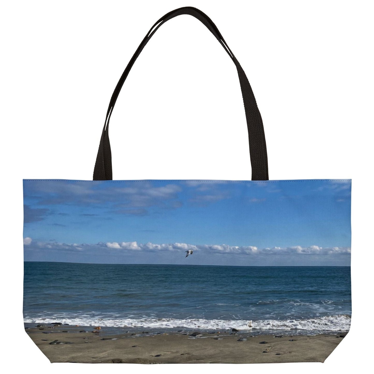 Beach Weekender Tote Bag 24" x 13" with Different Print on Each Side. "Shore Bird & Big Waves"