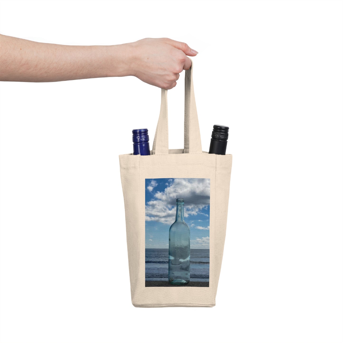 Wine Tote Bag Double ( Two Bottles) with Print on One Side. “Seaside Cloud Bottle”