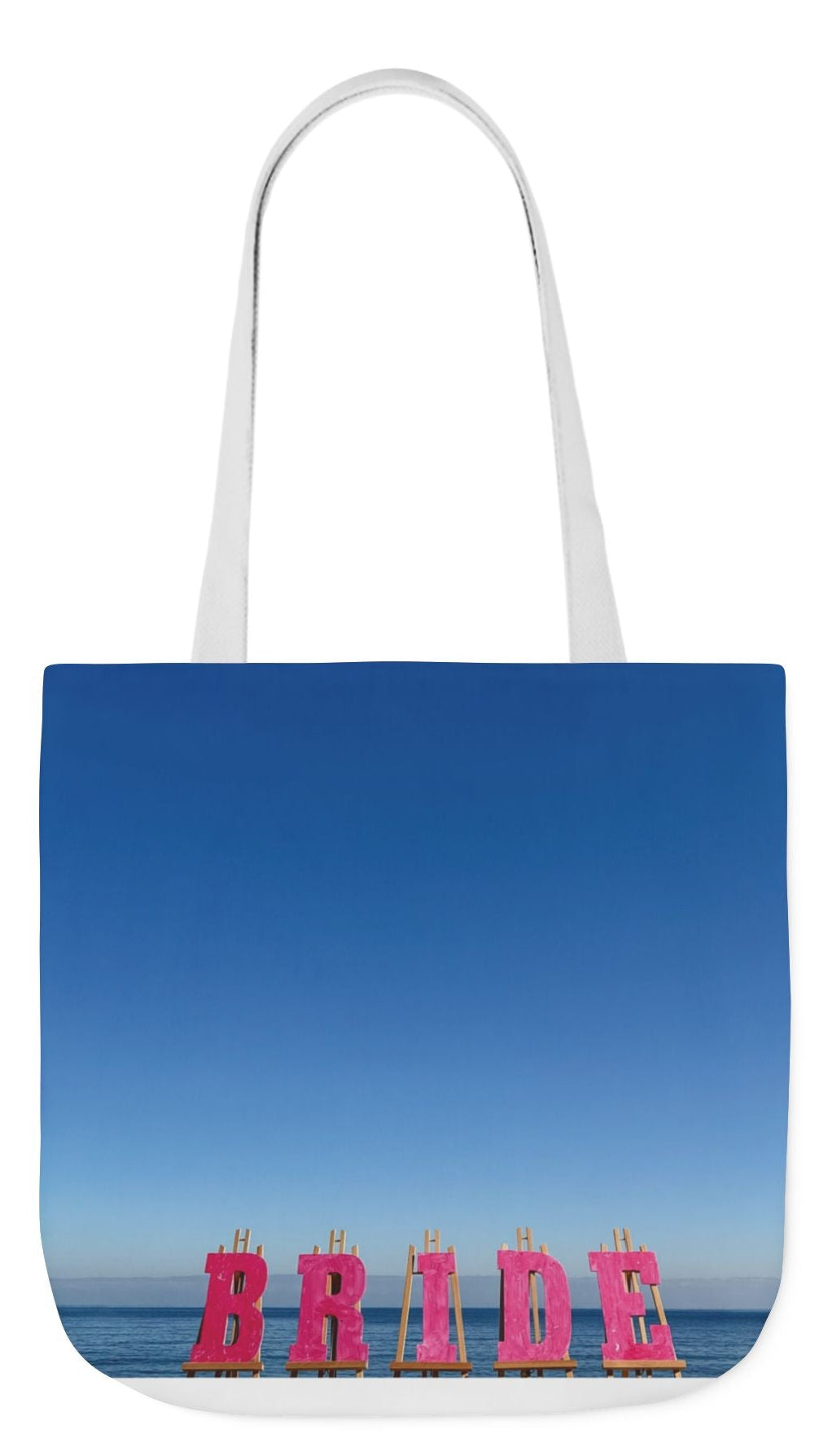 Bride Tote Bag 18" x 18" with allover same print on each side. Pink or white handle choice. "Seaside Bride Bag"(Personalize it)