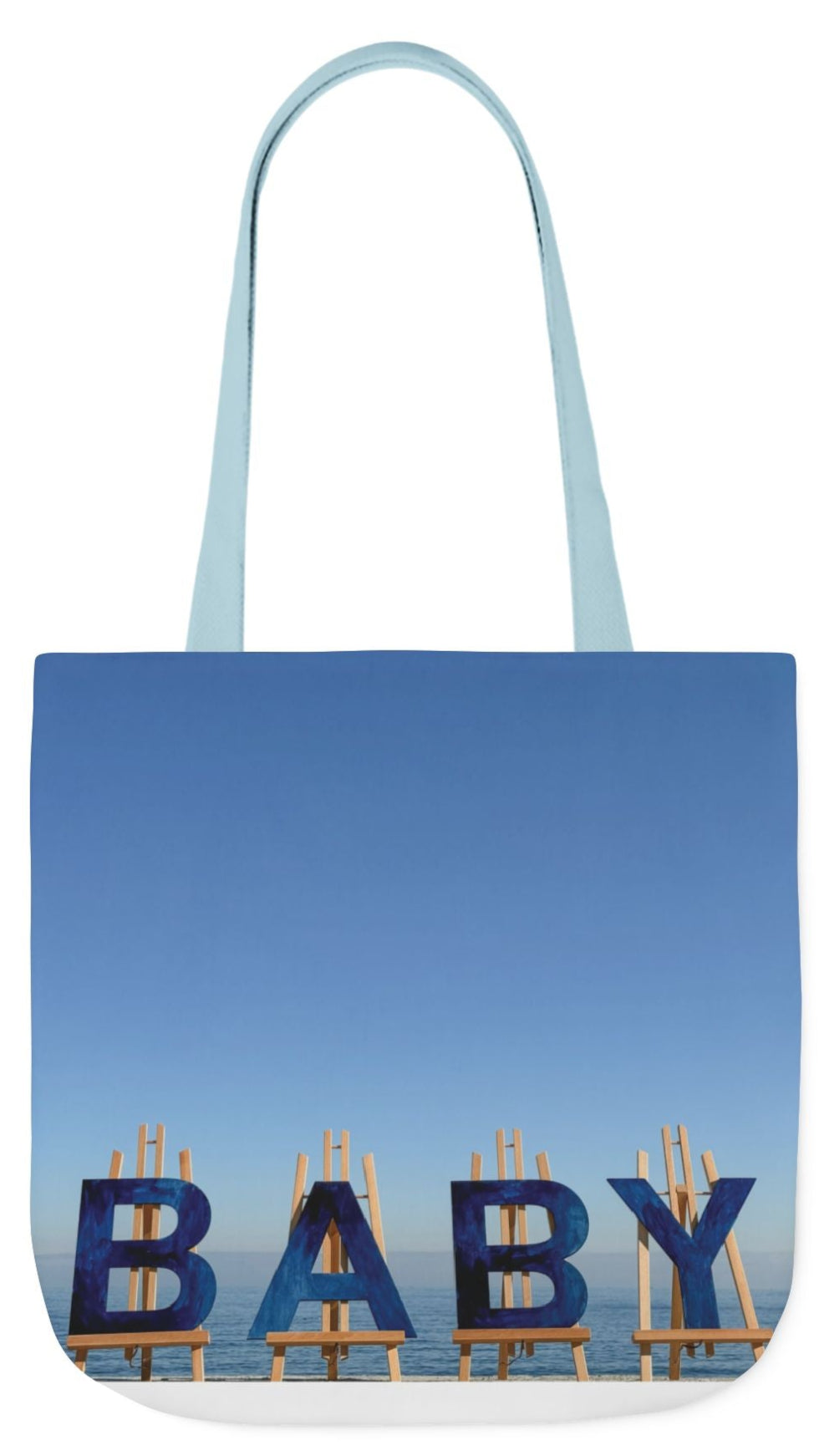 Baby Tote Bag (Blue) 18” x 18”with the same all over print on each side. Blue or white handles. "Shoreline Baby Tote Bag".