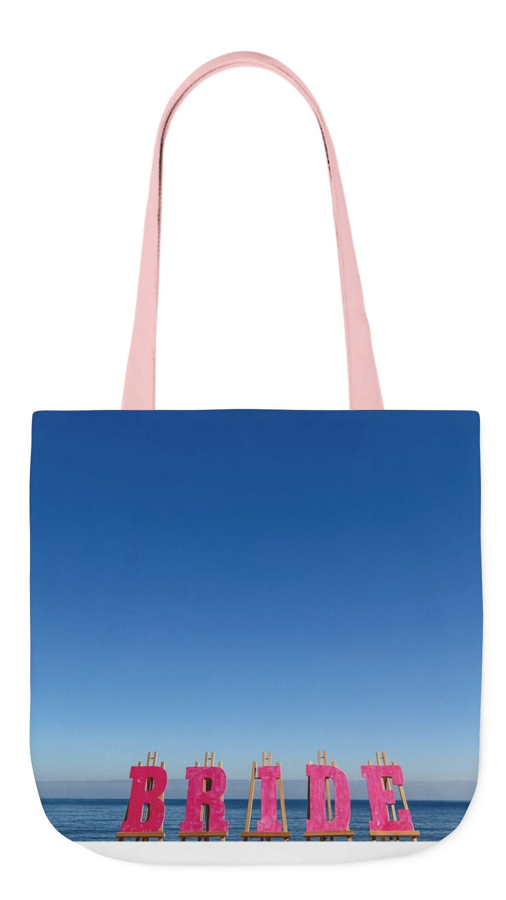 Bride Tote Bag 18" x 18" with allover same print on each side. Pink or white handle choice. "Seaside Bride Bag"(Personalize it)