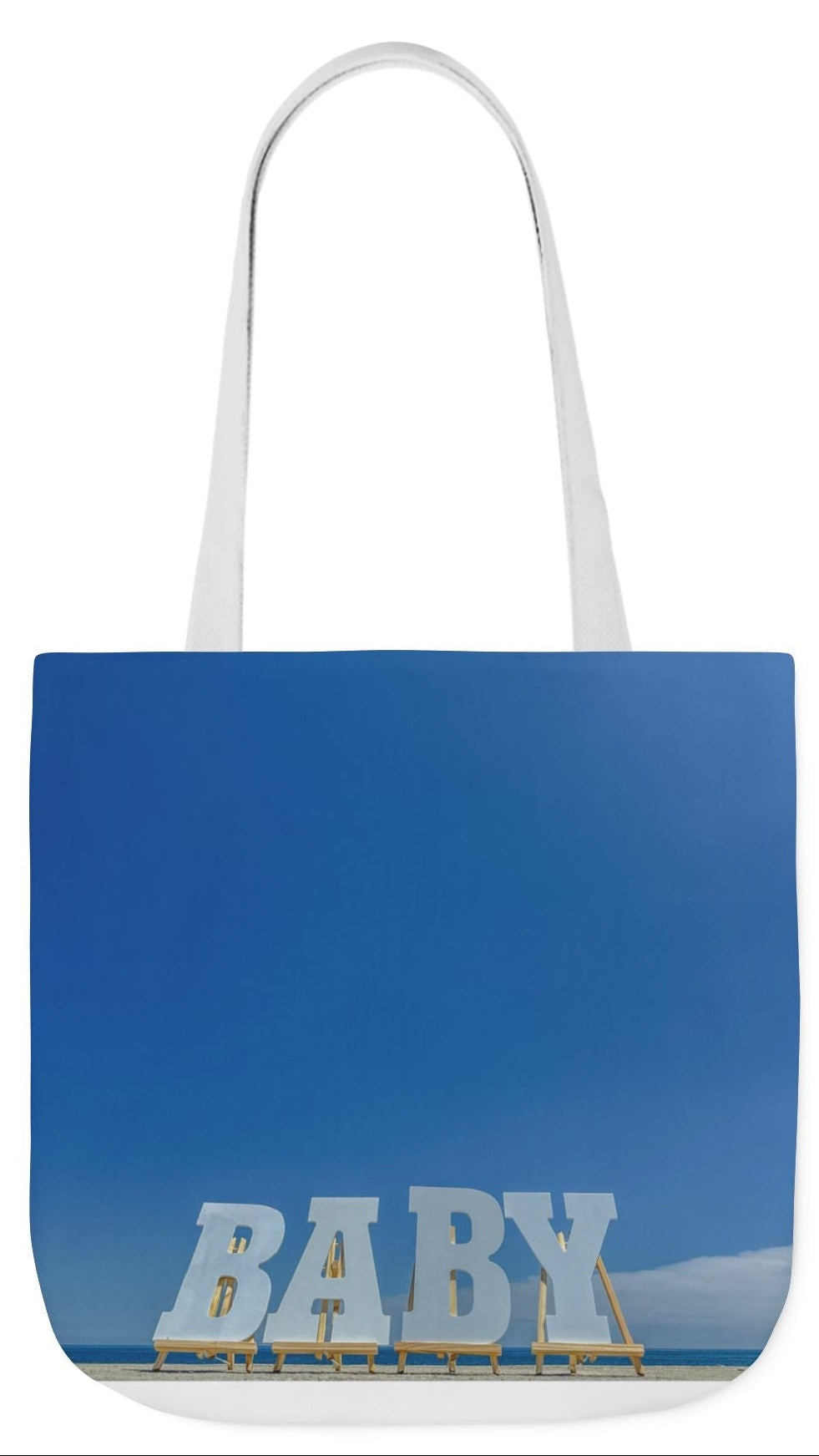 Baby Tote Bag 18”x 18” same all over print on each side with white, blue or pink handle options. “Baby Bag Bright Sky”.(Personalize it)