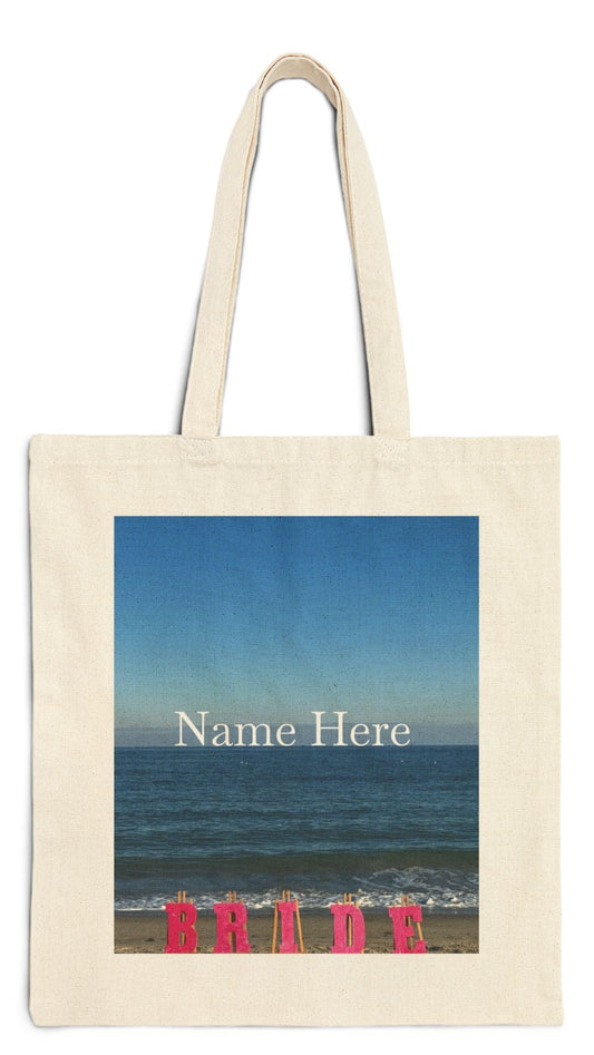 Bride Natural Color Cotton Canvas Tote Bag 15" x 16" Print on One Side. "Beach Bride Bag" (Personalize it)