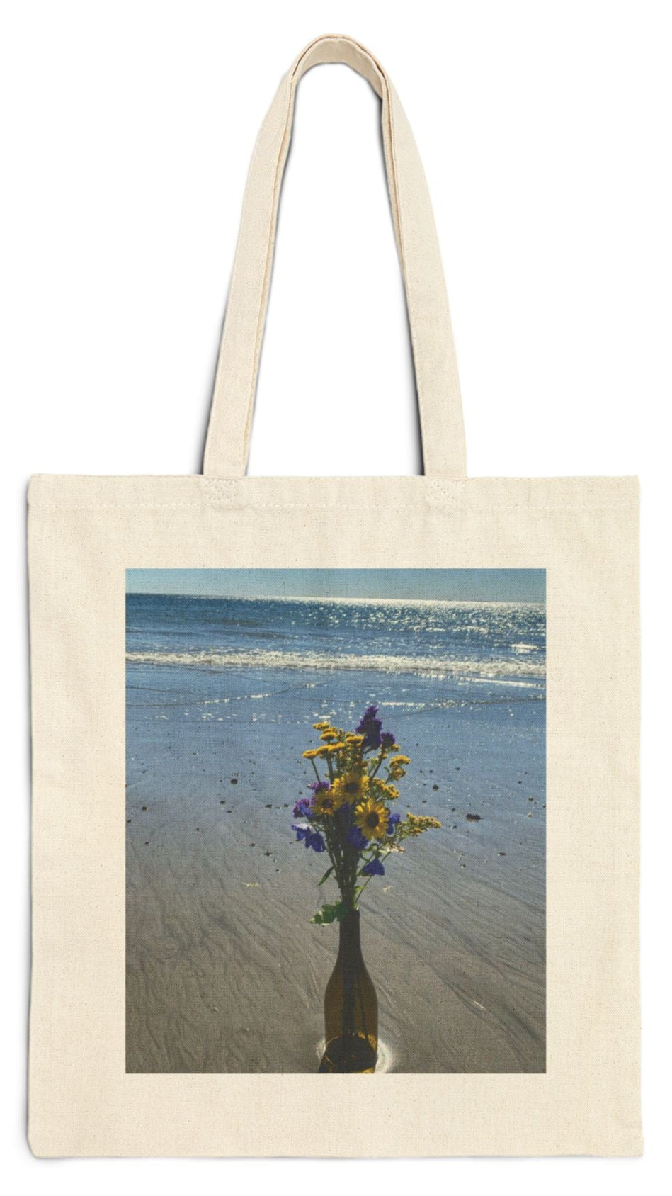 Floral Tote Bag Natural Color 15" x 16" Cotton Canvas Print on One Side. "Beachy Flowers in a Bottle"