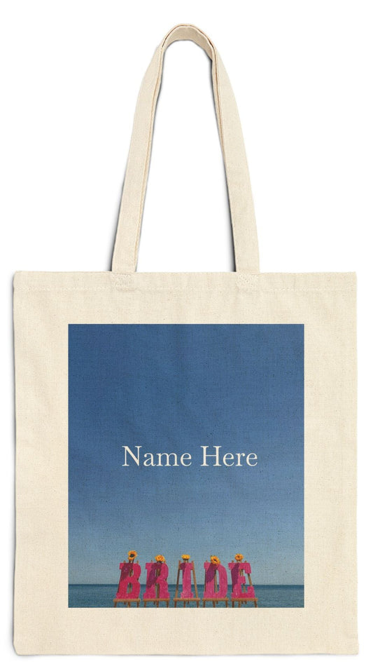 Bride Natural Color Tote Bag 15" x 16" Cotton Canvas Different Print on Each Side. "Shoreline & Beachfront Bride Bag" (Personalize it)