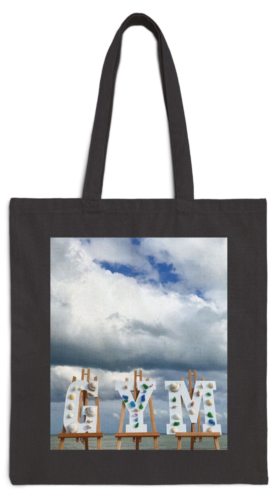 Gym Tote Bag Black 15” x 16” Cotton Canvas Print on One Side. "Shoreline Gym Bag"